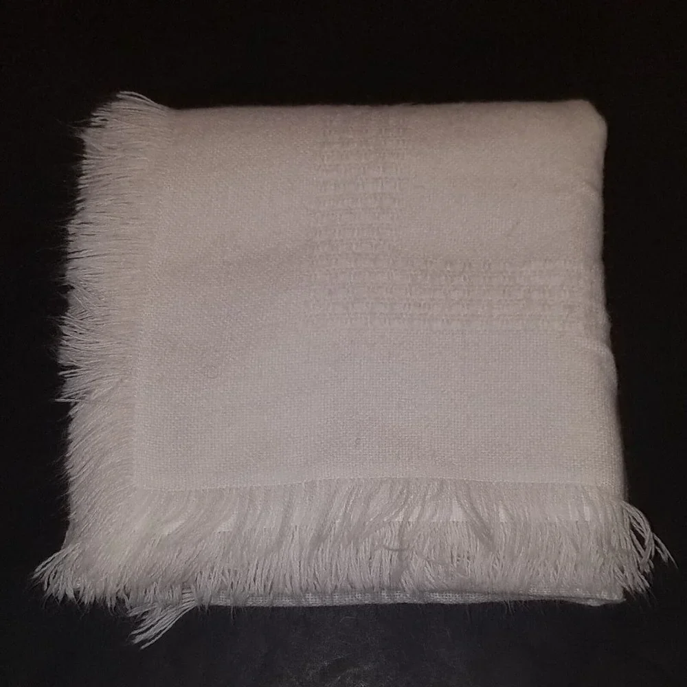 VTG Solid White Churchill Handwoven Baby Blanket All Orlon Acrylic Fringe Knit